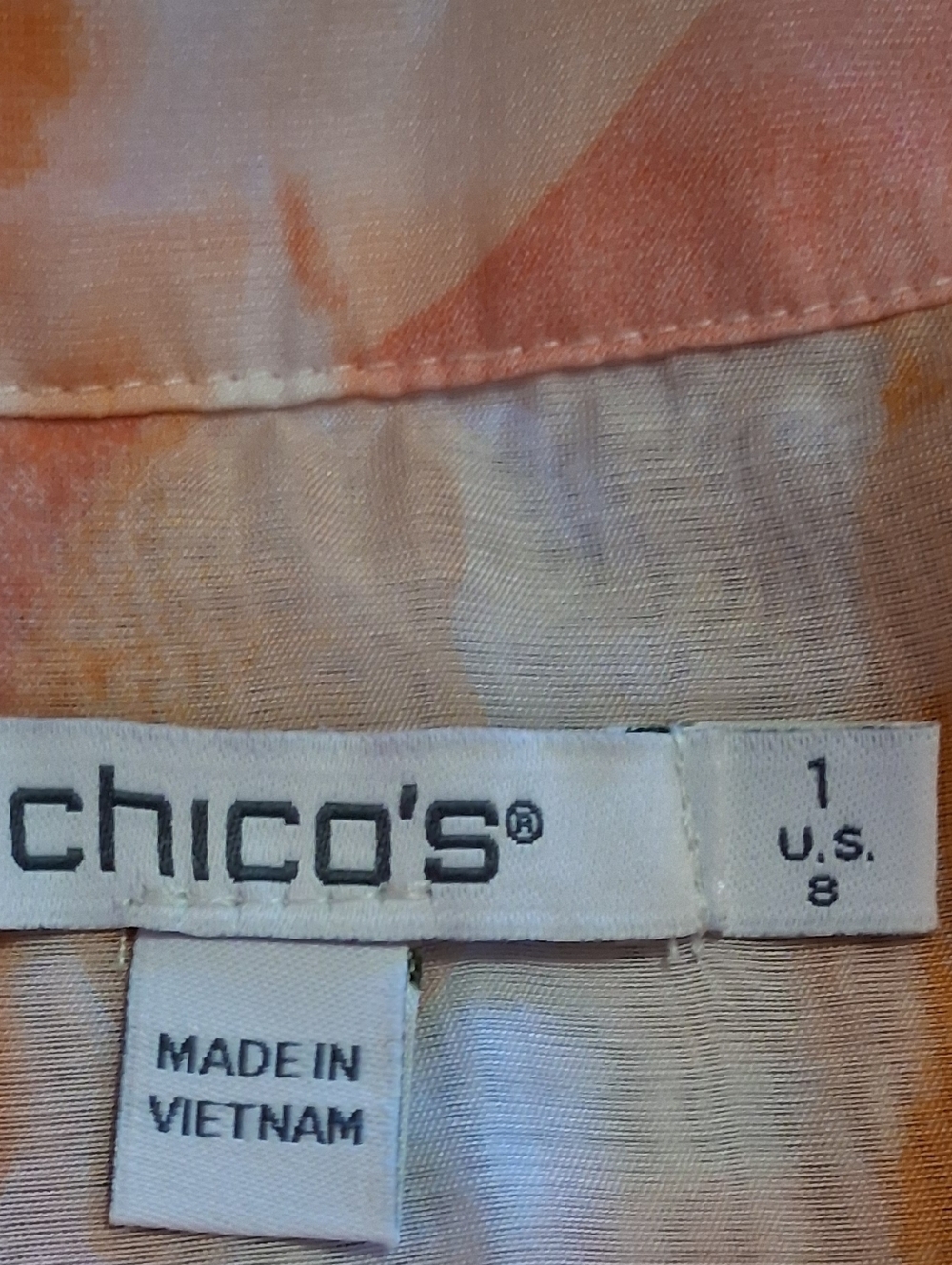 Chico's Orange Watercolor Button-Front Blouse Puff Sleeve Lightweight‎ Sz1(8) - Picture 6 of 12